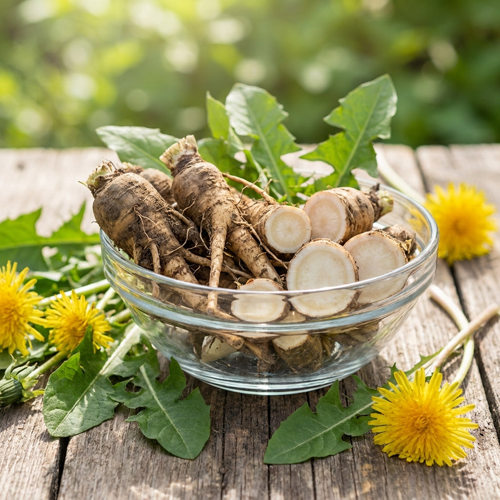 Fresh dandelion roots and flowers on a wooden table