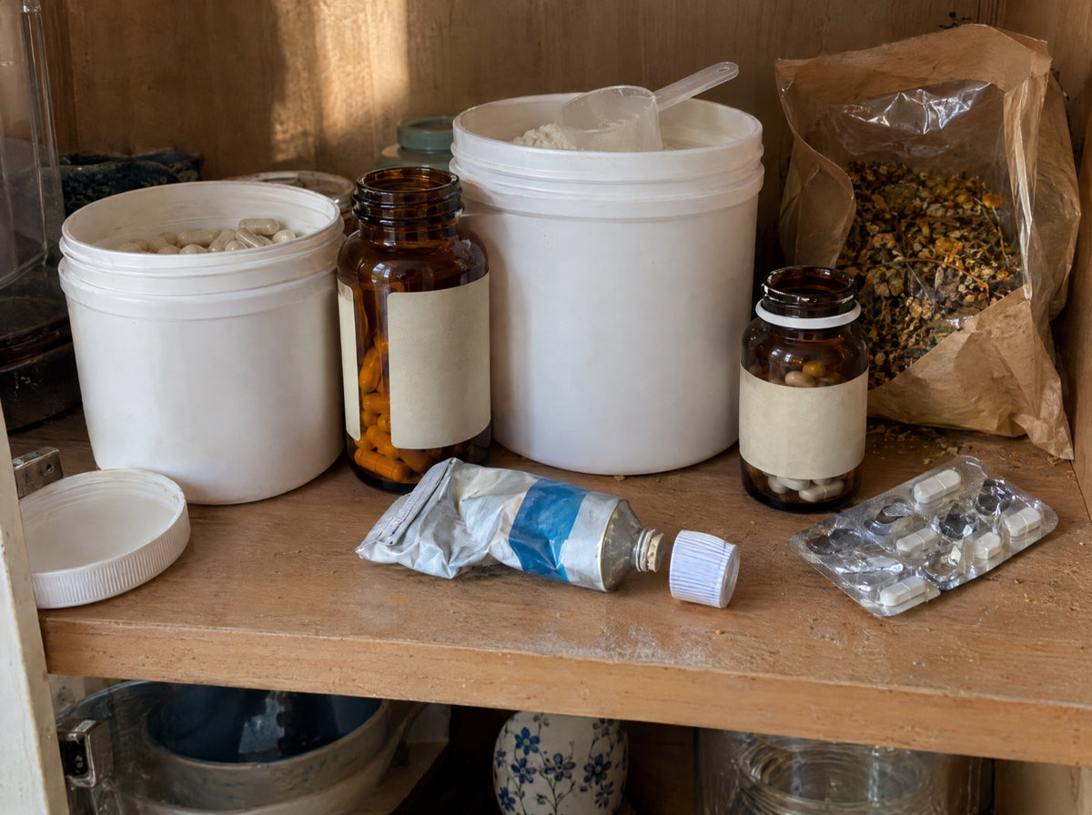A kitchen cupboard shelf of half-used joint supplements, a cream tube and a painkiller strip