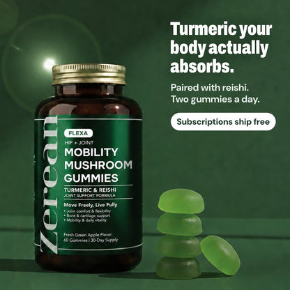 Zerean Flexa jar with green gummies: turmeric your body actually absorbs, paired with reishi. Subscriptions ship free.